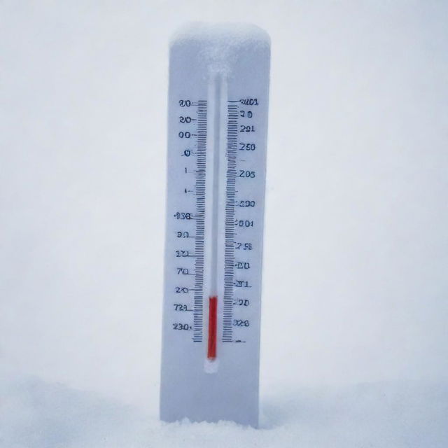 A thermometer showing a very cold temperature of minus 9 degrees Celsius or Fahrenheit, placed in a snowy landscape.