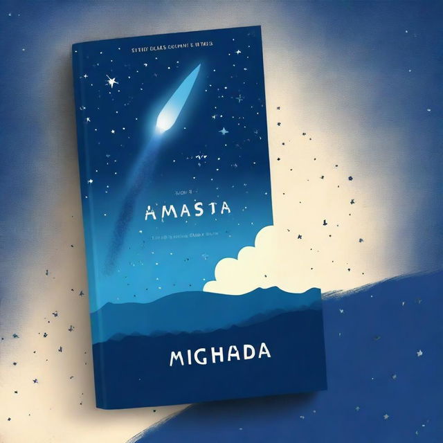 Create a book cover with a blue theme, featuring a comet striding through the stars as the main image