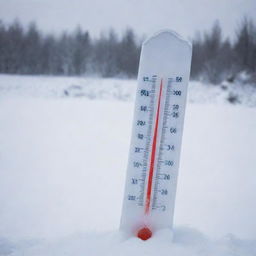 A thermometer showing a very cold temperature of minus 9 degrees Celsius or Fahrenheit, placed in a snowy landscape.