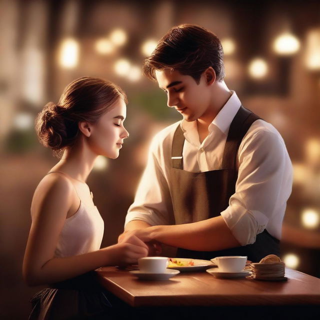 A romantic book cover featuring a girl and boy at a restaurant cashier