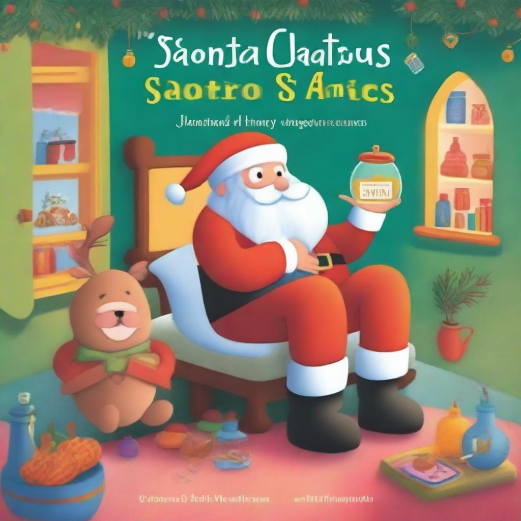 A colorful and whimsical cover for a children's book where Santa Claus gets sick and needs honey to feel better