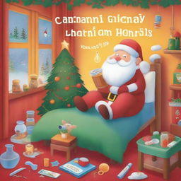 A colorful and whimsical cover for a children's book where Santa Claus gets sick and needs honey to feel better