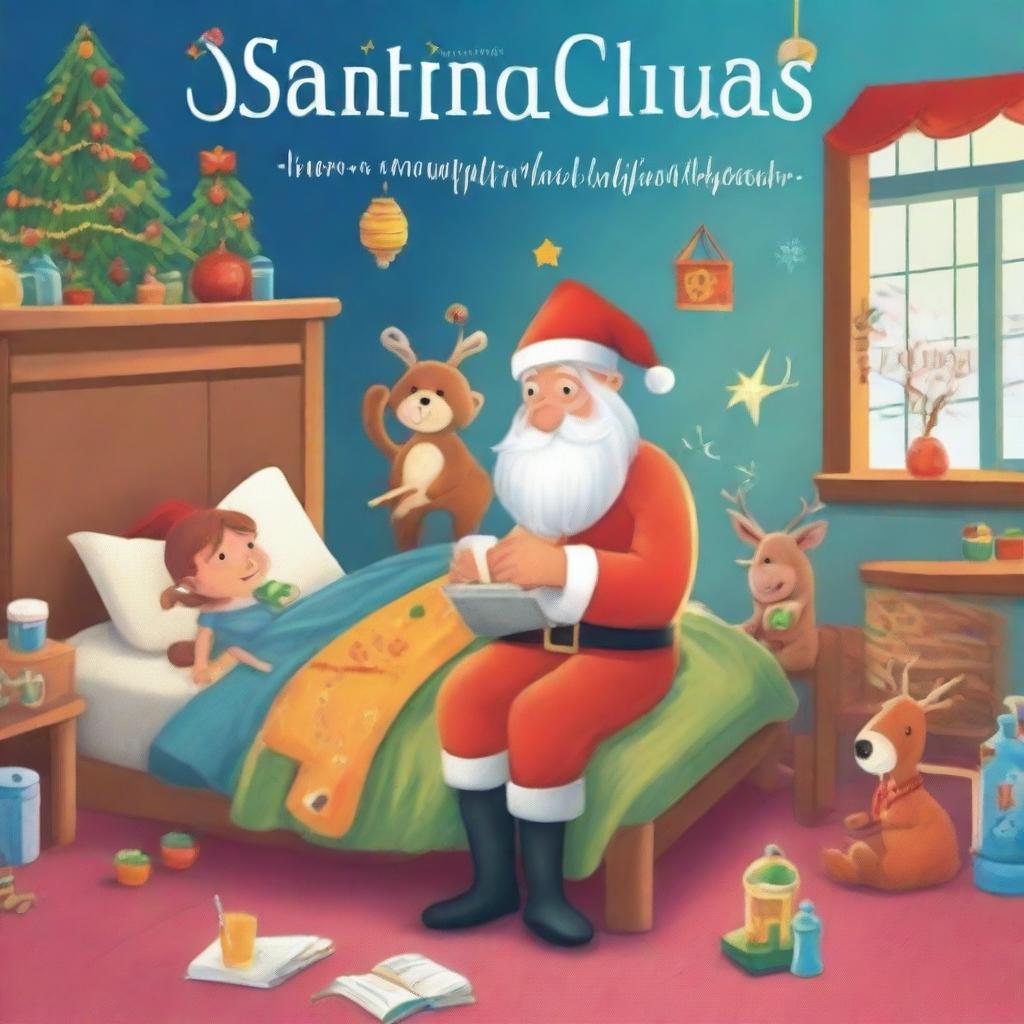 A colorful and whimsical cover for a children's book where Santa Claus gets sick and needs honey to feel better