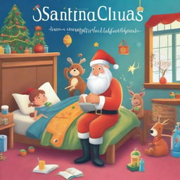 A colorful and whimsical cover for a children's book where Santa Claus gets sick and needs honey to feel better