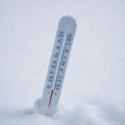 A thermometer showing a very cold temperature of minus 9 degrees Celsius or Fahrenheit, placed in a snowy landscape.