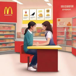 Create a book cover featuring a secret romance between a girl and a boy at the McDonald's cashier