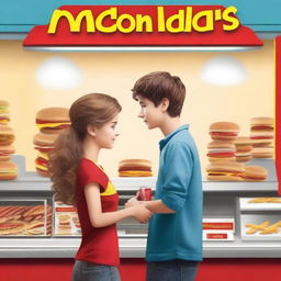 Create a book cover featuring a secret romance between a girl and a boy at the McDonald's cashier