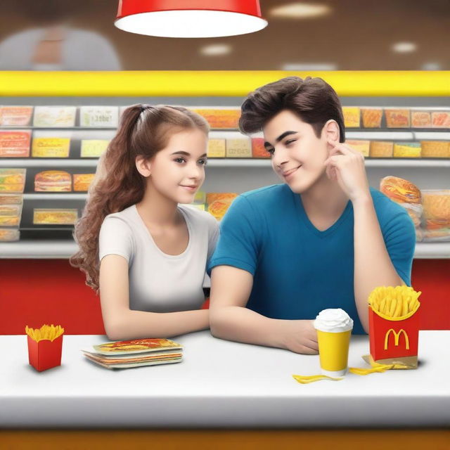 Create a book cover featuring a secret romance between a girl and a boy at the McDonald's cashier