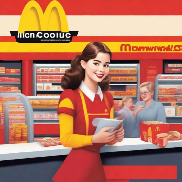 A captivating book cover featuring a young girl working as a cashier at McDonald's, secretly in love with the boy manager