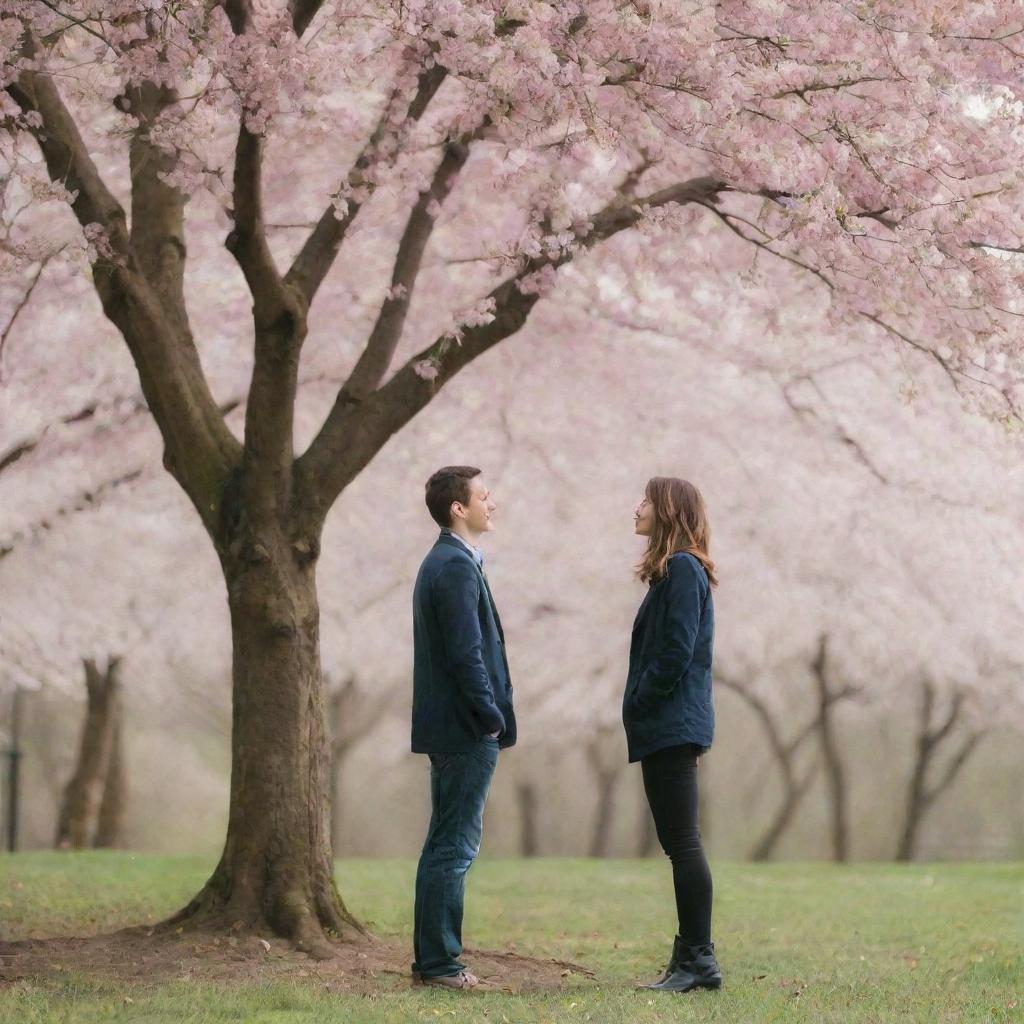 A romantic couple standing under a blooming cherry blossom tree in spring