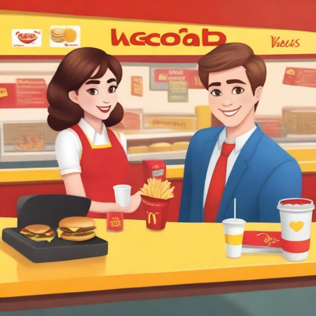 Create a book cover featuring a girl secretly in love with the boy manager at the McDonald's cashier