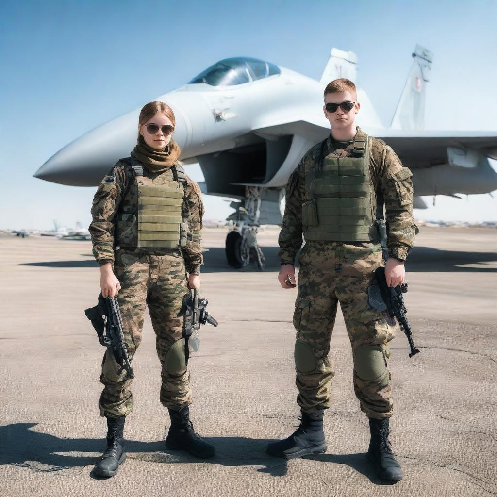 A scene with three people from the 7th squad, standing in front of a Su-30SM fighter jet