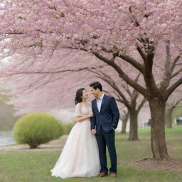 A romantic couple standing under a blooming cherry blossom tree in spring