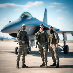 A scene with three people from the 7th squad, standing in front of a Su-30SM fighter jet