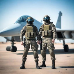 A scene with three people from the 7th squad, standing in front of a Su-30SM fighter jet