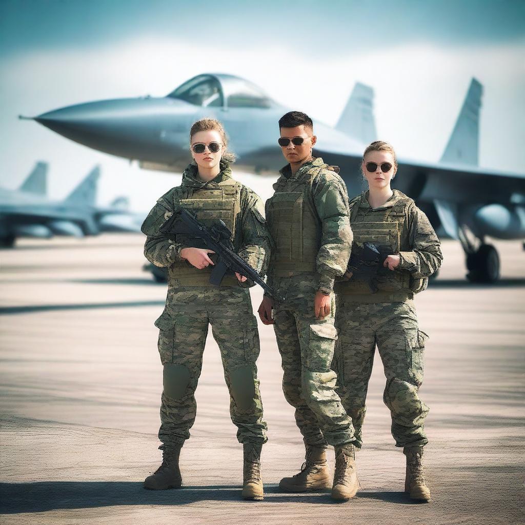 A scene with three people from the 7th squad, standing in front of a Su-30SM fighter jet