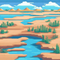 A desert landscape being filled with water, depicted in pixel art style