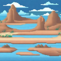 A desert landscape being filled with water, depicted in pixel art style