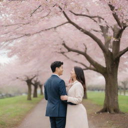 A romantic couple standing under a blooming cherry blossom tree in spring