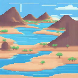 A desert landscape being filled with water, depicted in pixel art style