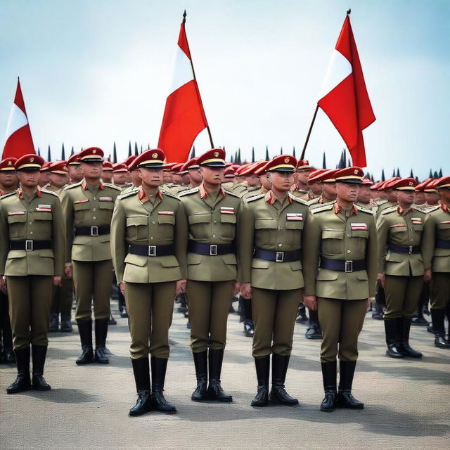 An image depicting Indonesian soldiers in full uniform, standing in formation with the Indonesian flag in the background