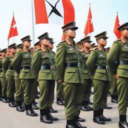 An image depicting Indonesian soldiers in full uniform, standing in formation with the Indonesian flag in the background