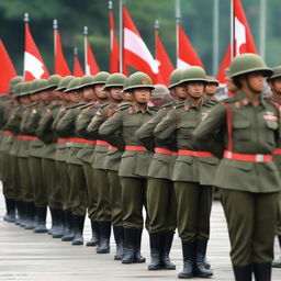 An image depicting Indonesian soldiers in full uniform, standing in formation with the Indonesian flag in the background