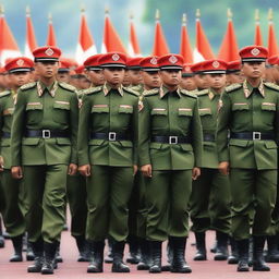 An image depicting Indonesian soldiers in full uniform, standing in formation with the Indonesian flag in the background