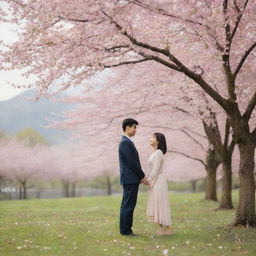 A romantic couple standing under a blooming cherry blossom tree in spring