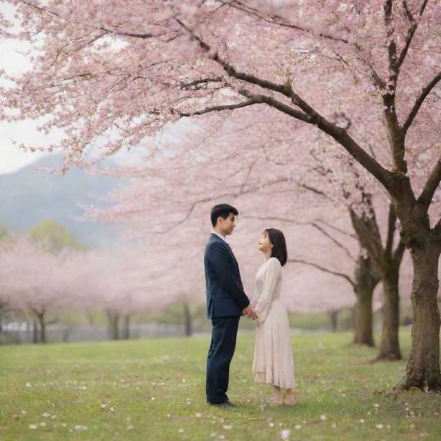 A romantic couple standing under a blooming cherry blossom tree in spring