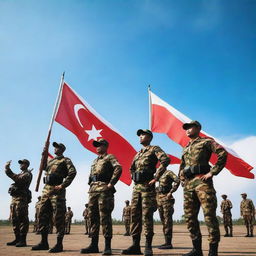 A group of soldiers standing proudly with the Indonesian flag, the red and white colors waving in the wind