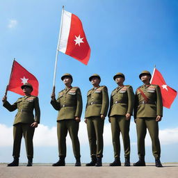 A group of soldiers standing proudly with the Indonesian flag, the red and white colors waving in the wind