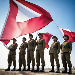 A group of soldiers standing proudly with the Indonesian flag, the red and white colors waving in the wind