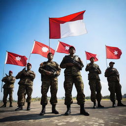 A group of soldiers standing proudly with the Indonesian flag, the red and white colors waving in the wind