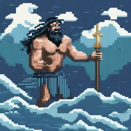 Poseidon, the Greek god of the sea, crying, depicted in pixel art style