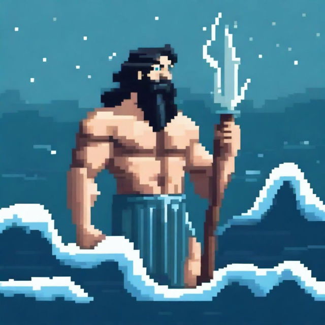 Poseidon, the Greek god of the sea, crying, depicted in pixel art style