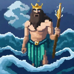 Poseidon, the Greek god of the sea, crying, depicted in pixel art style