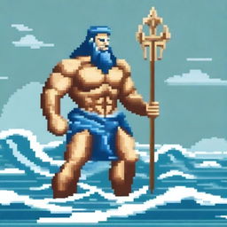 Poseidon, the Greek god of the sea, depicted in pixel art style