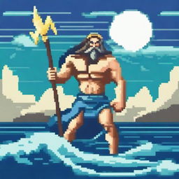 Poseidon, the Greek god of the sea, depicted in pixel art style