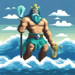 Poseidon, the Greek god of the sea, depicted in pixel art style