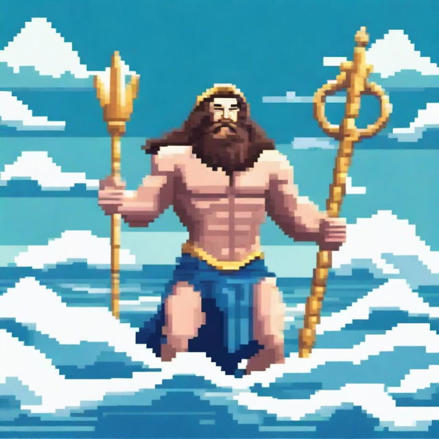 Poseidon, the Greek god of the sea, depicted in pixel art style