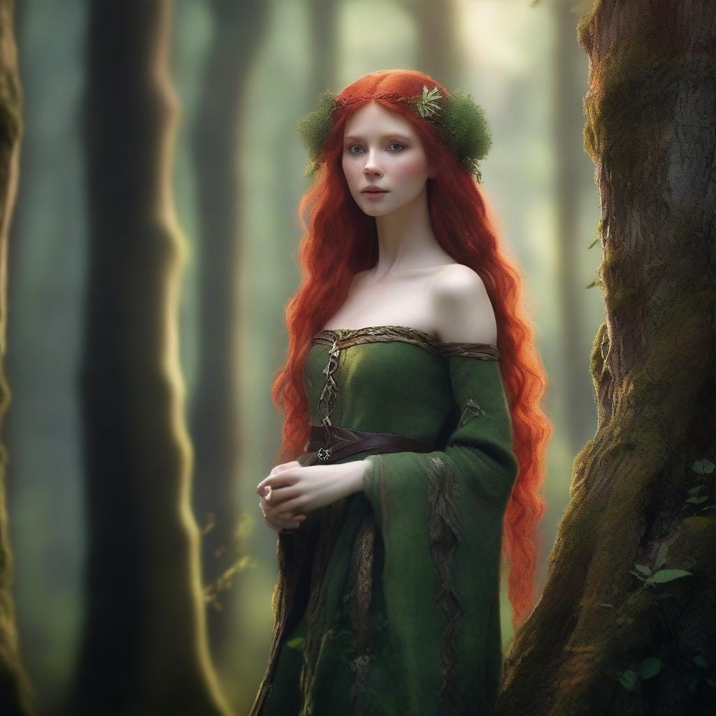 A 150-year-old female wood elf with green eyes, pale skin, and bright red hair