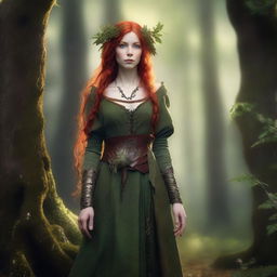 A 150-year-old female wood elf with green eyes, pale skin, and bright red hair