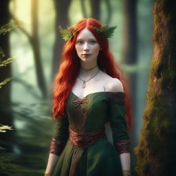 A 150-year-old female wood elf with green eyes, pale skin, and bright red hair