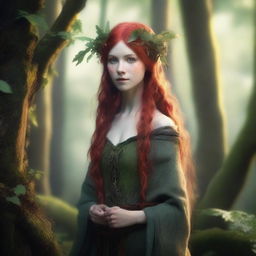 A 150-year-old female wood elf with green eyes, pale skin, and bright red hair