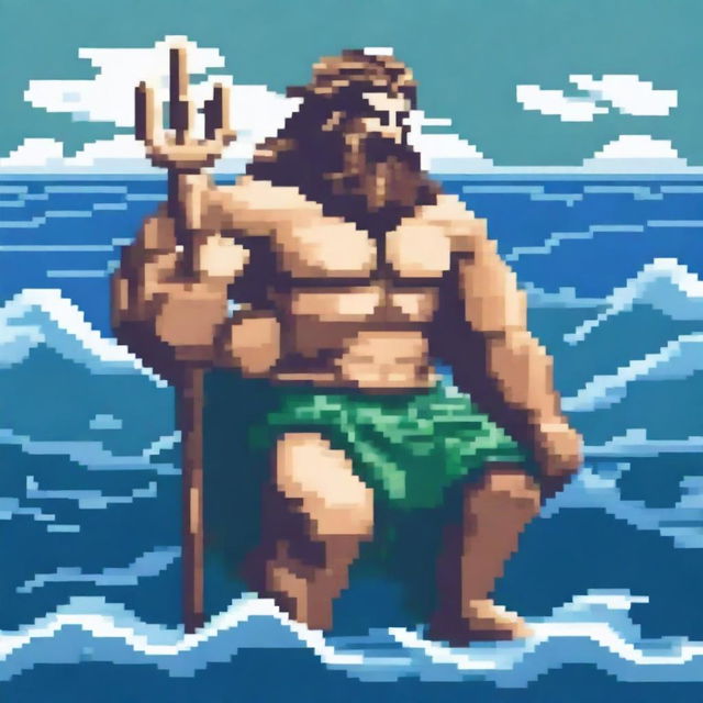 Poseidon, the Greek god of the sea, depicted in pixel art style, crouching down