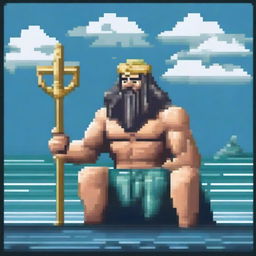 Poseidon, the Greek god of the sea, depicted in pixel art style, crouching down