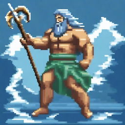 Poseidon, the Greek god of the sea, depicted in pixel art style, crouching down