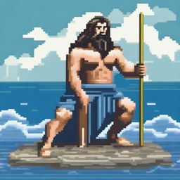 Poseidon, the Greek god of the sea, depicted in pixel art style, crouching down