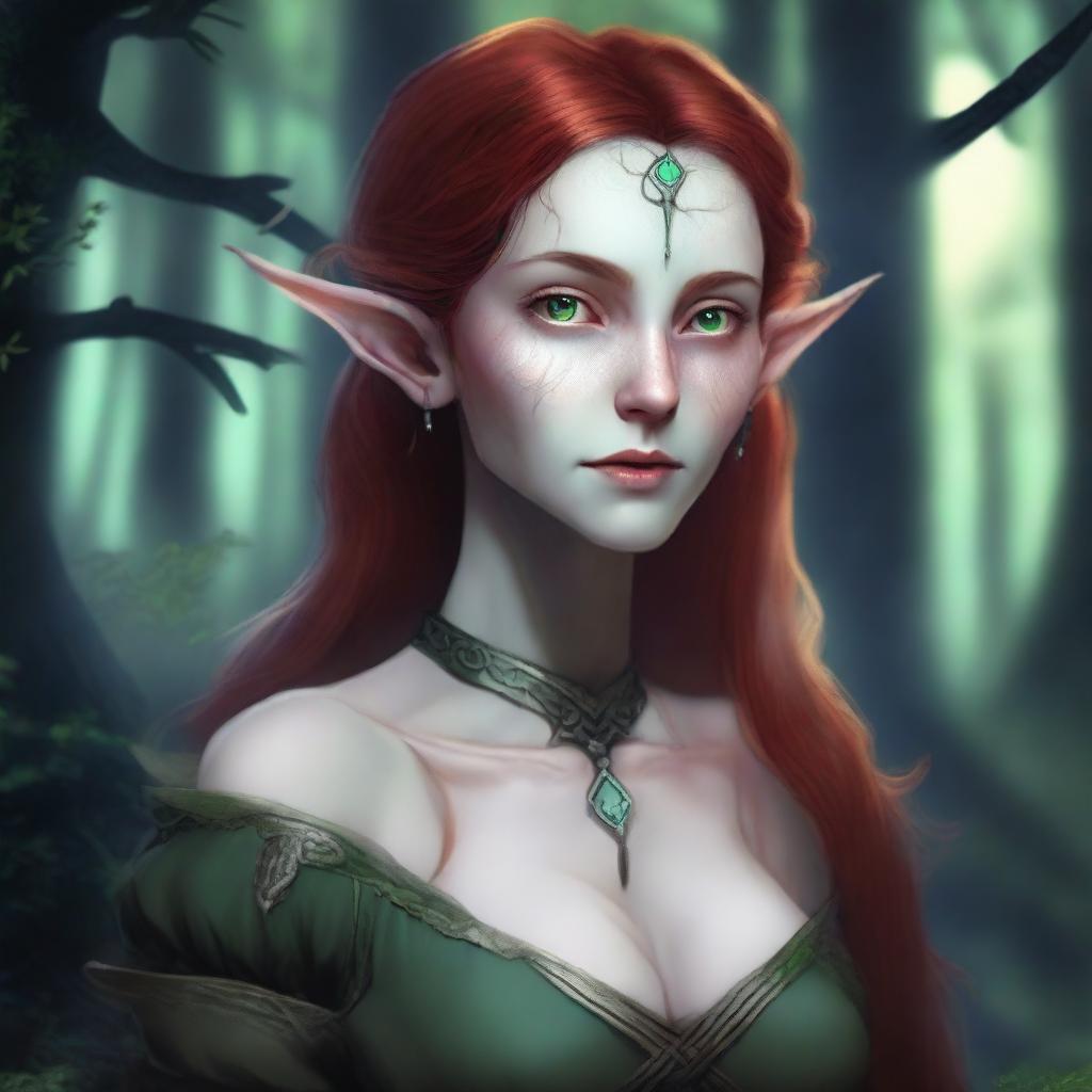 A 150-year-old female wood elf with green eyes, pale skin, and bright red hair